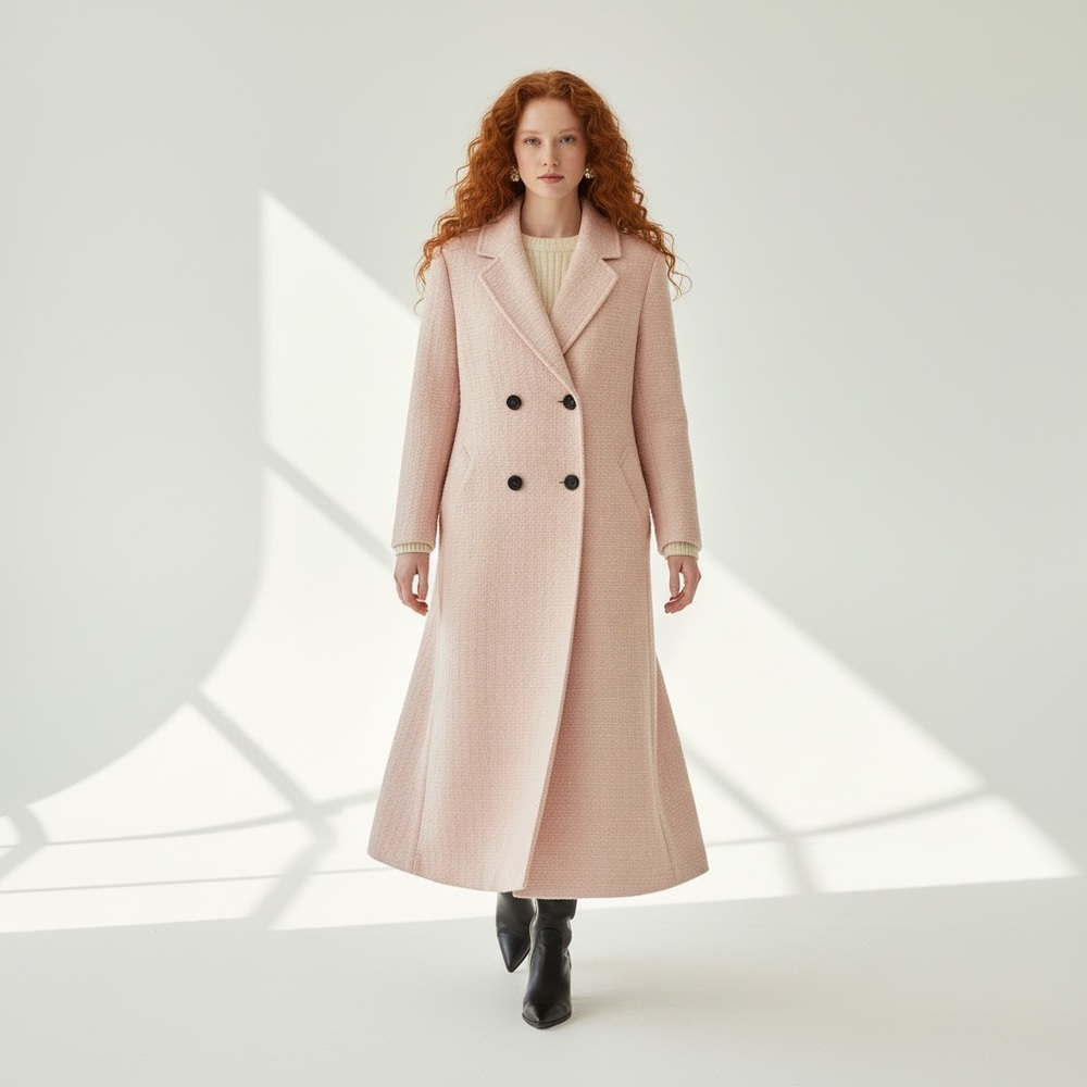 H&M Pink Textured Double-Breasted Long Pale Pink Coat Size M